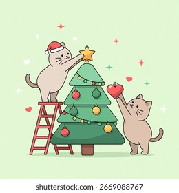 Cute Cats Decorating Christmas Tree in Living Room, Flat Vector Illustration