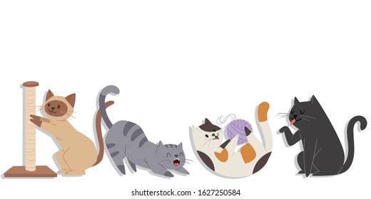 Cute cats of different breeds in various poses vector illustration. Cartoon kitten licking itself , sharpen claws and playing with woolen ball. Kitty and cats on white background for pet shop.