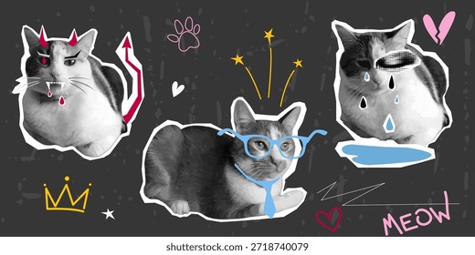 Gatos lindos en diferentes poses para el collage, pegatina. Conjunto de divertidos personajes de gatitos en textura de semitono, estilo pop punteado con Elementos doodle. Gatos llorosos, malvados e inteligentes. Grunge punk loco