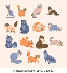 Cute cats in different poses color element. Cartoon cute animals. Hand draw vector illustration isolated.  