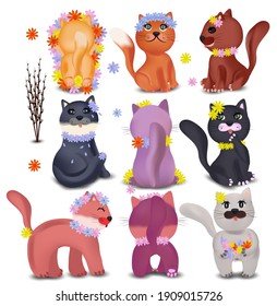 Cute cats in different poses with colorful flowers. Domestic, funny cats on white background. Colorful cats and Spring flowers. Vector icons