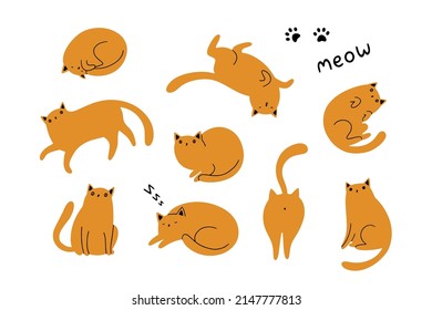 Cute cats in different poses. Vector cartoon flat illustration. Funny playful kitties isolated on white background.