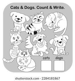 Cute cats and dogs in cartoon style. How many objects in picture. Game for children. Count and write numbers. Educational puzzle game for children. Black and white vector illustration.