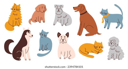 Cute cats and dogs collection, hand drawn set of domestic animals, kittens and puppies, adorable pets, vector illustrations of French bulldog, terrier, Labrador, Husky, different breeds