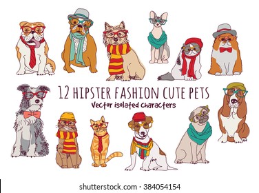 Cute cats and dogs fashion hipster isolated pets.  Color vector illustration. EPS8