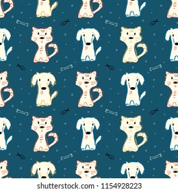 Cute Cats and Dogs and Pet Food Seamless pattern. Hand drawn Doodle Cartoon Animals Background for Kids. Funny Puppy and Kitten. Pet Shop background. Vector Pets Sketch