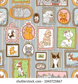 cute cats and dogs retro portraits seamless pattern. pets vector background