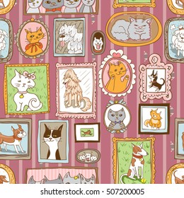 cute cats and dogs retro portraits seamless pattern. pets vector background