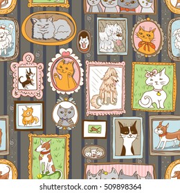 cute cats and dogs retro portraits seamless pattern. pets vector background