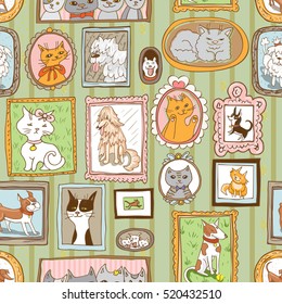 cute cats and dogs retro portraits seamless pattern. pets vector background