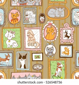 cute cats and dogs retro portraits seamless pattern. pets vector background