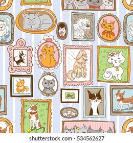 cute cats and dogs retro portraits seamless pattern. pets vector background