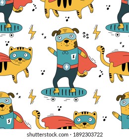 Cute cats and dogs in superhero costumes. Can be used in nursery, print, wallpaper, textiles.
