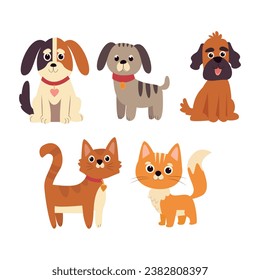 Cute cats and dogs vector set. Cartoon dog or puppy and cats characters design collection with flat color in different poses. Set of funny pet animals isolated on white background.