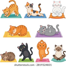 Cute cats doing yoga poses set icon sheet on mats featuring meditation, stretching, and tree pose isolated on white background.