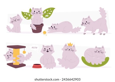 Cute cats domestic purebred pet animal cartoon characters playing, eating, fooling around, resting and sleeping, leaving marks with dirty paws set isolated on white background vector illustration