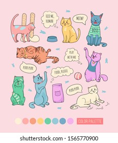 Cute cats doodle characters. Cats isolated vector icon. Fantasy coloring cats, sticker set, patch badge. Illustration of Cute Pets with pastel palette, color swatches. Hand drawn style, outline set .