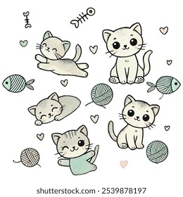 Cute cats and cute doodle element vector. Set of adorable pet animals isolated on white background.