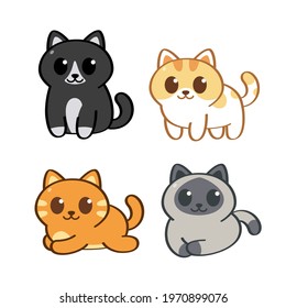 Cute cats in doodle line art style sit stand and lay down on the white background.