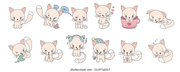 Cute cats doodle vector illustrations. Cartoon cat or kitten characters set with flat color in different poses. Doodle cartoon style. Pet animals isolated on white background