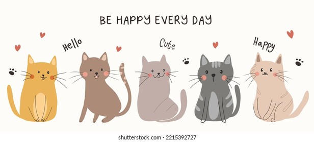 Cute Katzen doodle Vektorset. Cartoon Kätzchen oder Kätzchen Figuren Design Sammlung in verschiedenen Rassen, miau, hallo. Set von lustigen Haustieren einzeln auf weißem Hintergrund für dekorative, markenmäßige Gestaltung.