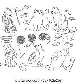 Juego de vectores de doodle para gatos pequeños. Colección de gatos sentados en diferentes poses con juguetes de gatos. Conjunto de animales de compañía aislados sobre fondo blanco. Iconos vectores de gato. Juguete de yeso del gato doméstico