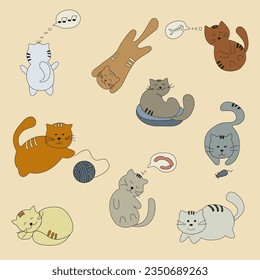 Cute cats doodle vector set. Cartoon cat characters design collection in different poses.	
