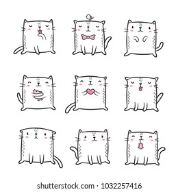 Cute cats doodles. Set of 9 hand drawn characters. Design elements for print (stickers, greeting cards, t-shirt, poster). Isolated on white background.