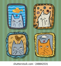 Cute cats dreaming about love in frames. Hand drawn vector illustration