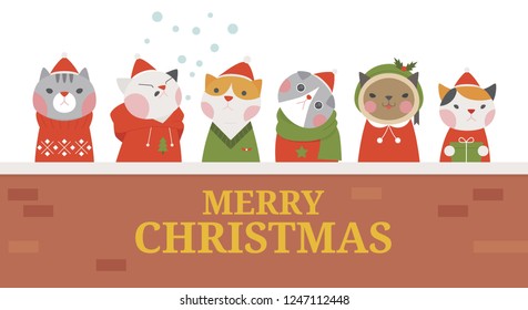 Cute cats dressed in Christmas clothes on a wall. flat design style vector graphic illustration.