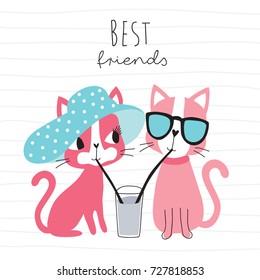 cute cats drinking a drink with straws vector illustration