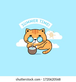 Cute cats drinks coconut in summer character illustration