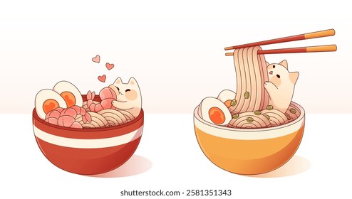 Cute cats eating ramen noodles set isolated on white. Contemporary vector cartoon illustration of kawaii kitten in bowl of traditional asian food with chopsticks, shrimps and hearts, restaurant menu