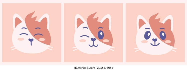 Cute cats emotions set. Funny hand drawn kitten head with various happy facial expression. Pastel flat style vector illustration for kids, card, print