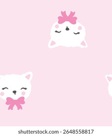 Gatos bonitos face com arco, gatinho branco adornado com padrão de arco de fita rosa sem costura isolado no fundo rosa, 
Para têxteis, tecido de algodão, capas, papel de parede, impressão, cartões, scrapbooking.