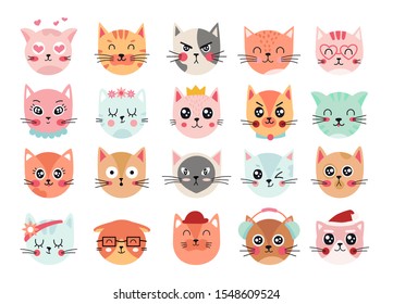 Caras de gatos mullidos. Emoticonos de cabeza de gato, expresiones faciales de gatito. Feliz ilustración portadora de gatos sonrientes, tristes, enojados y guiños. Caricaturas de animales riéndose y llorando. Sentimientos emoji dibujados a mano