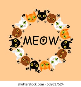 Cute cats faces colorful pattern background. Meow cats and footprints. Vector illustration.