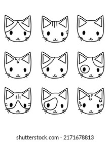Los gatos curados se enfrentan a la colección del conjunto de páginas de color. Dibujo de dibujos animados planos kawaii diseño de iconos de ilustración. 