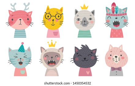 Cute cats faces. Hand drawn characters.  Sweet funny kittens. Vector illustration.