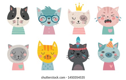 Cute cats faces. Hand drawn characters.  Sweet funny kittens. Vector illustration.