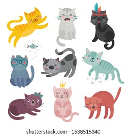 Caras de gatos mullidos. Caracteres dibujados a mano.  Dulces gatitos graciosos. Ilustración vectorial.