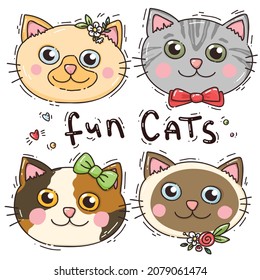 Caras de gatos. Caracteres dibujados a mano. Dulces gatitos graciosos. Ilustración vectorial.