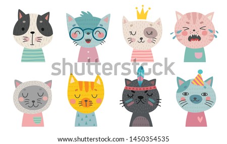 Cute cats faces. Hand drawn characters.  Sweet funny kittens. Vector illustration.