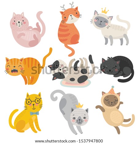 Cute cats faces. Hand drawn characters.  Sweet funny kittens. Vector illustration.