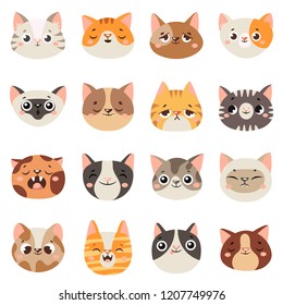 Cute cats faces. Happy animals, funny kitten smiling mouth and crying sad cat. Animal character pets face portrait, various cat breeds cartoon vector isolated icons illustration set