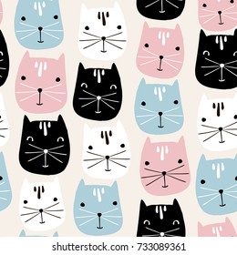 Cute cats faces seamless pattern. Vector childish background