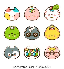 Gatos curados colección de caras. Dibujo de dibujos animados planos kawaii diseño de iconos de ilustración.  Concepto de Kittie hads