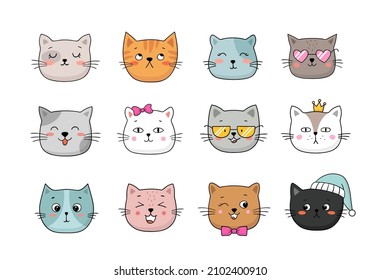 Cute cats faces set. Collection of cartoon animals isolated on a white background. Hand-drawn vector illustration.