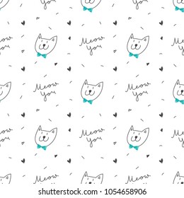 cute cats faces, vector hand drawn seamless pattern