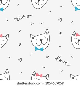 cute cats faces, vector hand drawn seamless pattern